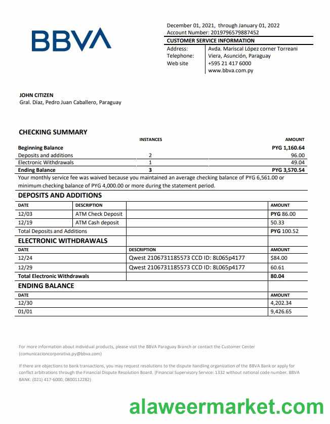 Paraguay BBVA bank statement